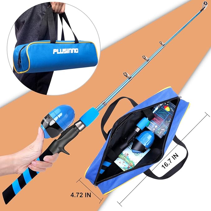 PLUSINNO Kids Fishing Pole, Portable Telescopic Fishing Rod and Reel Combo Kit - with Spincast Fishing Reel Tackle Box for Boys, Girls, Youth