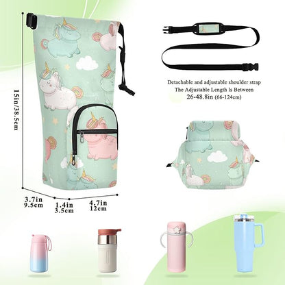 Cartoon Unicorn Pink Sage Green Water Bottle Holder with Strap Insulated Water Bottle Carrier Crossbody Bags Pouch with Phone Pocket for Travel Gym Hiking Walking Running