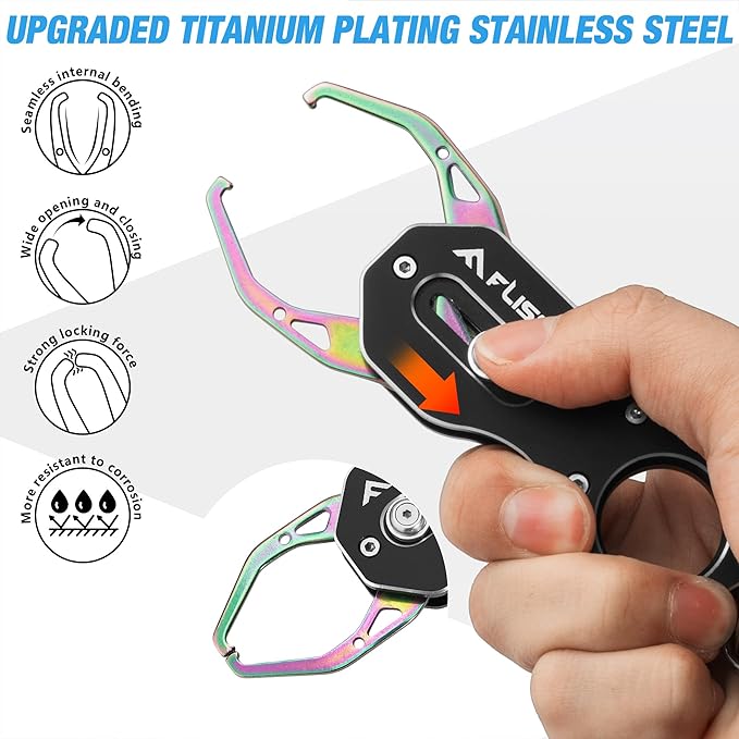 FLISSA Fish Gripper, Fish Lip Grip Tool with Carabiner and Spring Anti-Lost Rope, Durable Stainless Steel Fish Grabber Gripper, Lightweight Holder for Fishing, Corrosion Resistant & Portable