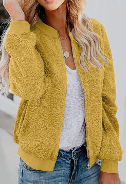 MIROL Women's Fall Trendy Fleece Jacket Faux Sherpa Fuzzy Casual Long Sleeve Zip Up Loose Fit Bomber Winter Coat