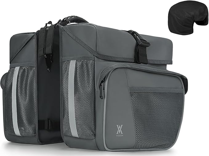 Waterproof Double Panniers Bag - 36L Saddle Bags for Rear Rack Bicycles with Safety Reflective Strips, Bicycle Commuting Pannier Fit Most Bicycle Rack with Rain Cover (With Rain Cover, Grey, 36L)