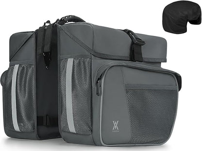 Waterproof Double Panniers Bag - 36L Saddle Bags for Rear Rack Bicycles with Safety Reflective Strips, Bicycle Commuting Pannier Fit Most Bicycle Rack with Rain Cover (With Rain Cover, Grey, 36L)