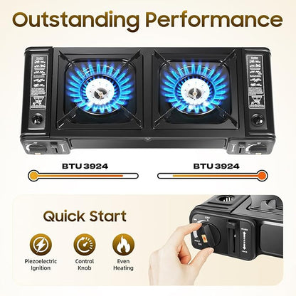 Portable Camping Stove Lightweight Design Gas Grill with Ceramic Ignitor 2 Burner Tabletop BBQ Grill for Outdoor Cooking Safe and User Friendly Ideal for Camping BBQ Parties Family Gatherings