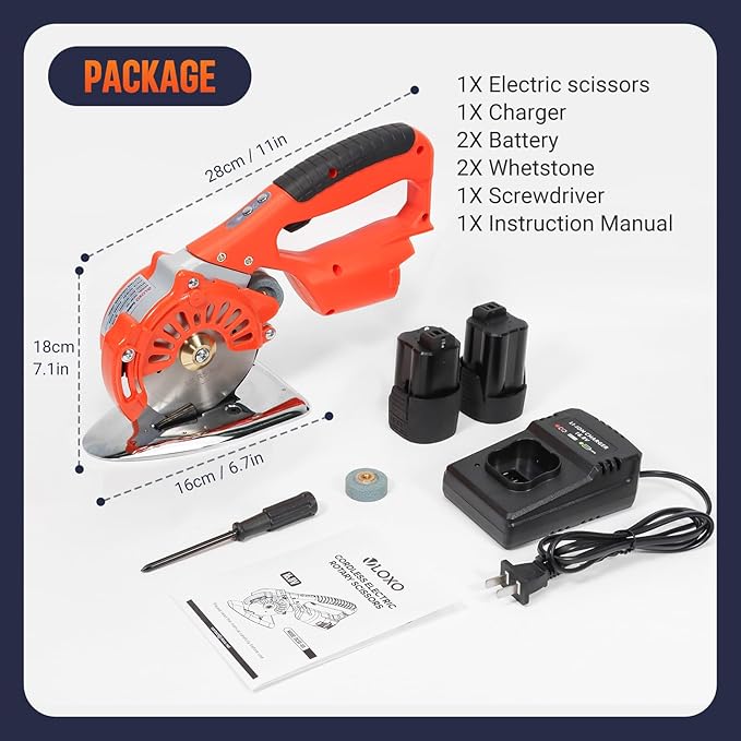 VLOXO Cordless Electric Rotary Scissors Power Fabric Cutter Rechargeable Rotary Cloth Scissors Adjustable Speed Electric Cutter with 2 Battery for Cutting Fabric Carpet Leather Multi-Layer Cloth