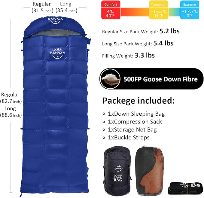 0 20 Degrees F Down Sleeping Bag for Adults,4 Season Cold Weather Rectangle Wearable Down Sleeping Bag for Camping Hiking,Can be Used as Blanket Quilt or Cloak,with Mesh Sack Buckle Strap