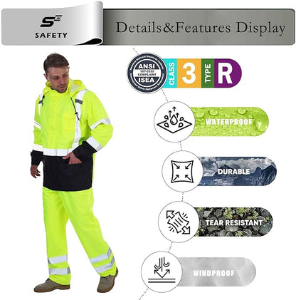 sesafety Hi Vis Rain Jacket, Rain Suits for Men Waterproof withBlack Bottom, Rain Coats for Men Interior Mesh, Class 3 HighVisibility Rain Gear,Removable Hood