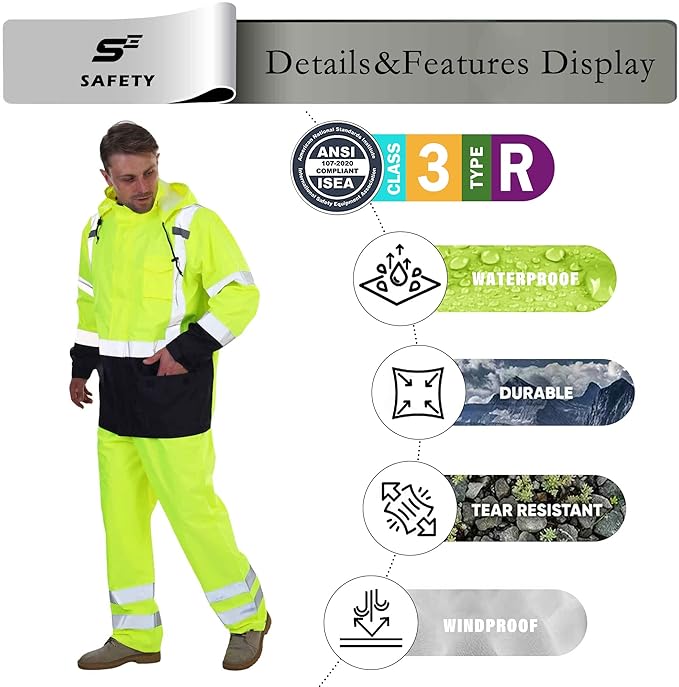 sesafety Hi Vis Rain Jacket, Rain Suits for Men Waterproof withBlack Bottom, Rain Coats for Men Interior Mesh, Class 3 HighVisibility Rain Gear,Removable Hood