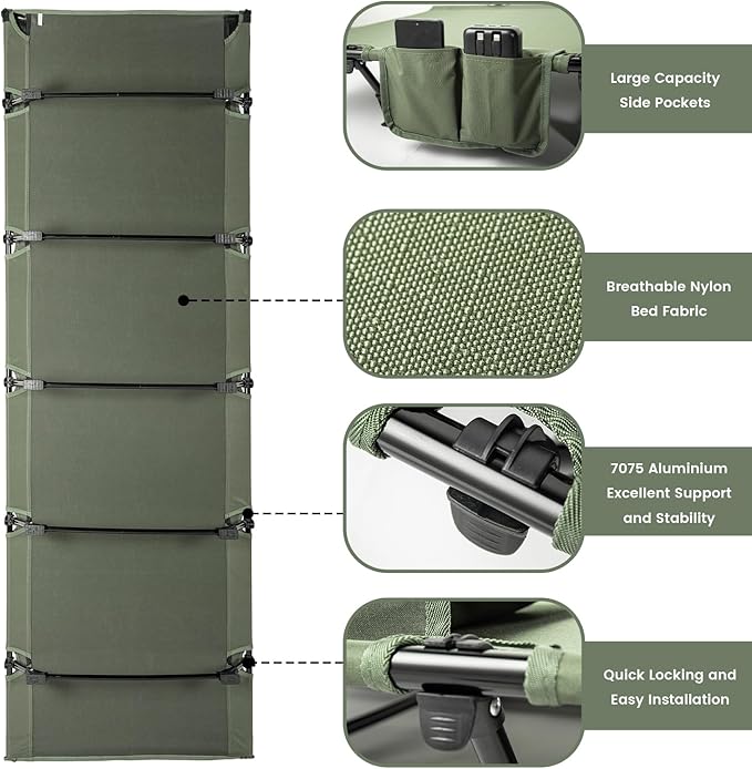 Ultralight Camping Cots for Adults, Portable Folding Bed, Tent Cot Lightweight Travel, Camping, Hiking, Backpacking, Mountaineering, Army Green