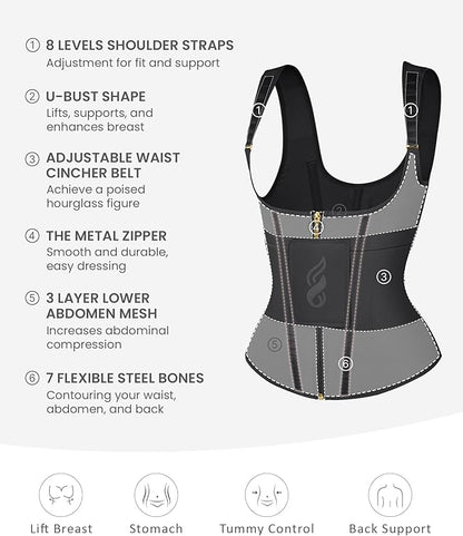 FeelinGirl Waist Trainer for Women Tummy Control Waist Cincher Belt Workout Body Shaper Vest with Adjustable Shoulder Strap