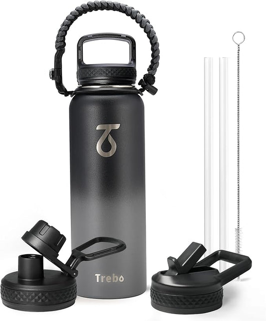 Trebo 40oz Water Bottle with 3 Lid and handle, Vacuum Insulated Stainless Steel Metal Outdoor Leakproof BPA-Free Flask, Keep Cold 48 Hours Water Jug, Best Gift for Men Women Holiday, Dark Gray