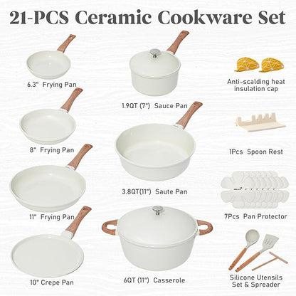 21Pcs Pots and Pans Set with Aluminum Lid, Nonstick Ti-Ceramic Cookware Sets, Induction Cookware Non Stick Cooking Set w/Frying Pans & Saucepans(PFOS, PFOA Free)-White