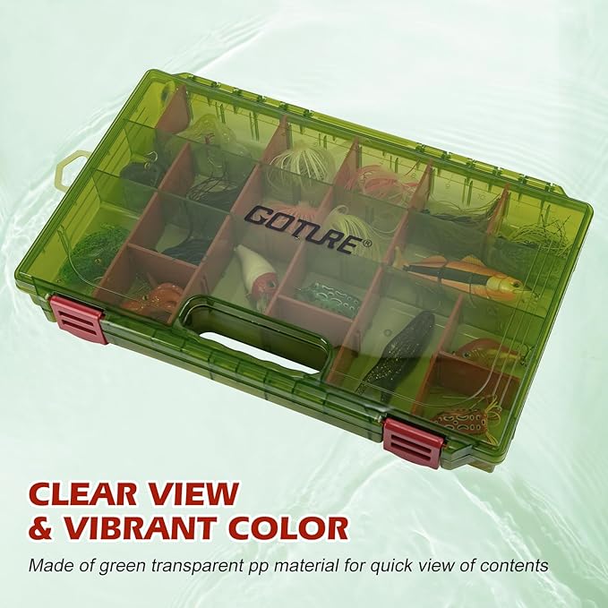 Goture Fishing Tackle Box Organizer - Transparent Fishing Organizer Box w/Measurement Ruler, Adjustable Dividers, Dual Latches | 2 Pcs 3700 Tackle Tray| Ergonomic Grip