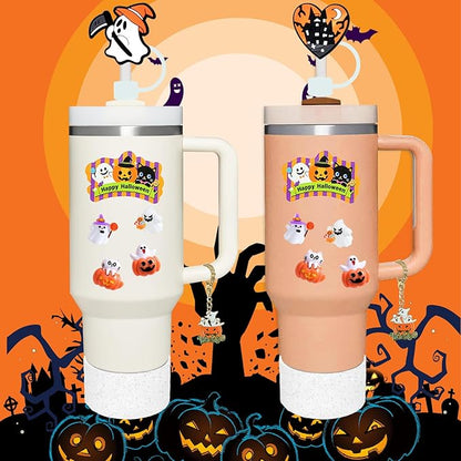 Stanley Cup Accessories Set,Including 3 Pcs 0.4in Halloween Straw Cover, 5 Pcs Halloween 3D&Flat Stickers, 1 Pcs Handle Charm, 1 Silicone Boot Fits Stanley 40&30 Oz Tumbler (Glitter Transparent)