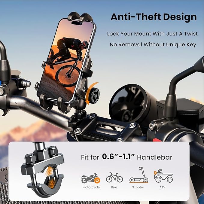 Motorcycle Phone Mount Holder with Vibration Dampener Anti-Shake 720° Adjustable for iPhone 16 Pro Max for Samsung 5.4''-6.9'' Phone Anti-Theft Dirt Bikes(U Shape Base 0.6-1.1" Handlebar)