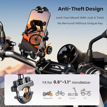 Motorcycle Phone Mount Holder with Vibration Dampener Anti-Shake 720° Adjustable for iPhone 16 Pro Max for Samsung 5.4''-6.9'' Phone Anti-Theft Dirt Bikes(U Shape Base 0.6-1.1" Handlebar)