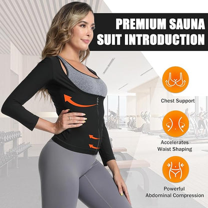 Sauna Suit for Women Heat Trapping Long Sleeve Sweat Suit Weight Loss Waist Trainer Workout Body Shaper with Zipper