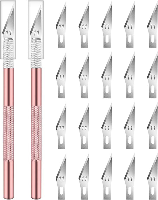 DIYSELF 2 Pack Exacto Knife for Crafts, Precision Knife Exacto Blades, Hobby Knife for Models, Craft Knife for Scrapbooking, Carving Knife for Stencil, Art, 20 Extra Blades (Pink)
