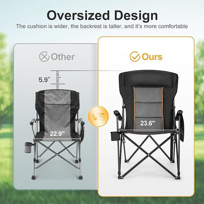 LET'S CAMP Oversized Camping Chairs 29.52" High Back Heavy Duty Lawn Chair Support 500LBS, Portable Collapsible Chair with Cup Holder, Side Pocket(Black)