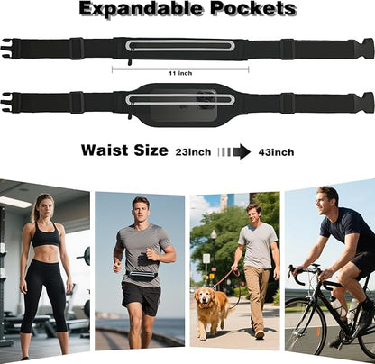 Slim Running Belt Fanny Packs for Women Man,Adjustable WaterProof Running Pouch Waist Bag for Workout Jogging,Elastic Phone Holder for Runner Comes with Reflective Armbands
