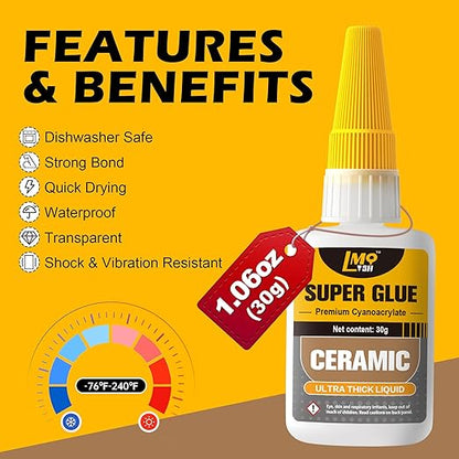 Ceramic Super Glue Liquid, Clear Instant Cyanoacrylate Adhesives for Ceramic Repair Food Safe, All Purpose CA Glue for Shoe Plastic Leather Glass Model Metal Wood Pottery Porcelain Mugs Clay Dishes