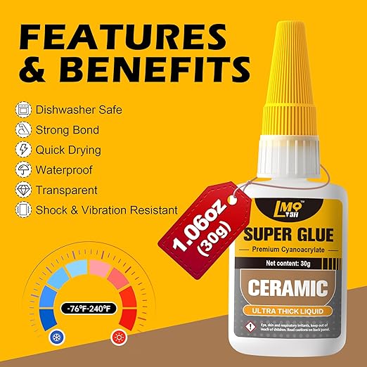 Ceramic Super Glue Liquid, Clear Instant Cyanoacrylate Adhesives for Ceramic Repair Food Safe, All Purpose CA Glue for Shoe Plastic Leather Glass Model Metal Wood Pottery Porcelain Mugs Clay Dishes