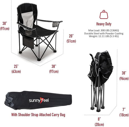 SUNNYFEEL Oversized Folding Camping Chair 500 LBS Heavy Duty Lawn Chairs for Adults Black Portable Folding with Armrest, Cup Holder, Pocket ＆Bag for Outdoor Camping/Beach/Travel/Picnic/Fishing