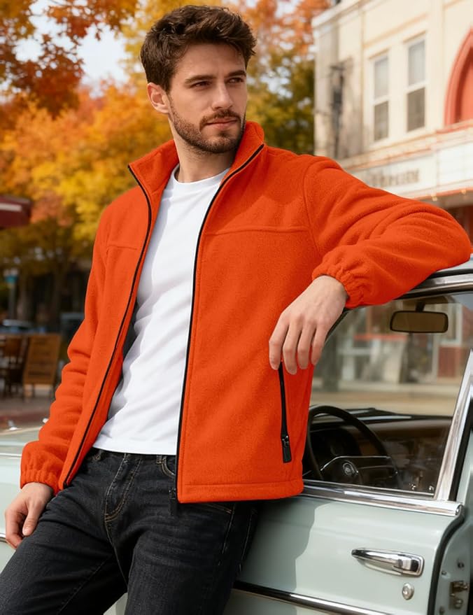 Mens Polar Fleece Jacket Full Zip Lightweight Casual Outdoor Jackets Stand Collar Warm Coats with Pockets