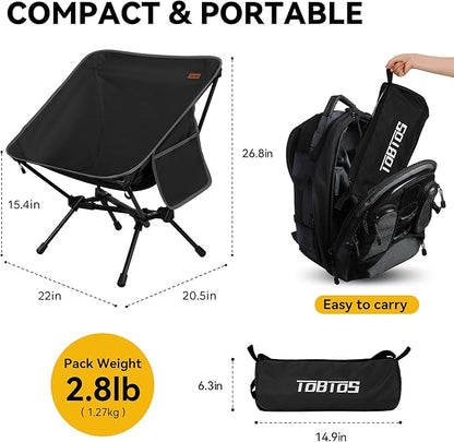 TOBTOS 2 Pack Ultralight Camping Chair, Portable Folding Backpacking Chair, Compact Camping Chair with Carry Bag for Outdoor Camp Hiking Backpack Beach Travel (Black)