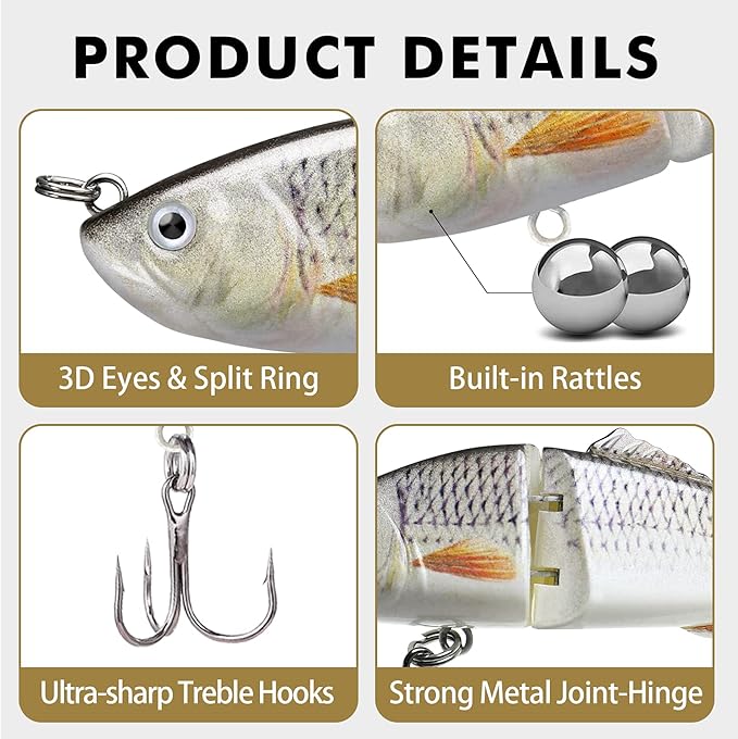 GOTOUR Fishing Lures for Freshwater or Saltwater, Easy to Use for Family Fishing Beginner and Pros, Most Lifelike Jointed Swimbait，Slow Sinking Bass Pike Panfish Walleye Lures, Fishing Gifts for Men