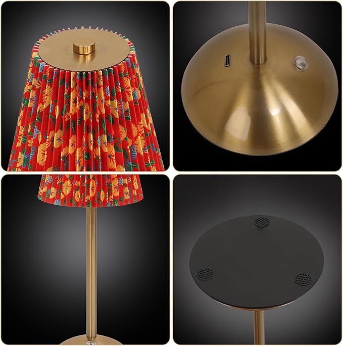 Cordless LED Table Lamp with Dimmer, Built-in Rechargeable Battery, 3-Level Brightness, Patio Table Lamp, Bedside Night Lamp, Ambient Light for Restaurant, Antique Brass (Yellow Flower)