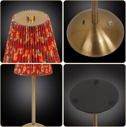 Cordless LED Table Lamp with Dimmer, Built-in Rechargeable Battery, 3-Level Brightness, Patio Table Lamp, Bedside Night Lamp, Ambient Light for Restaurant, Antique Brass (Yellow Flower)