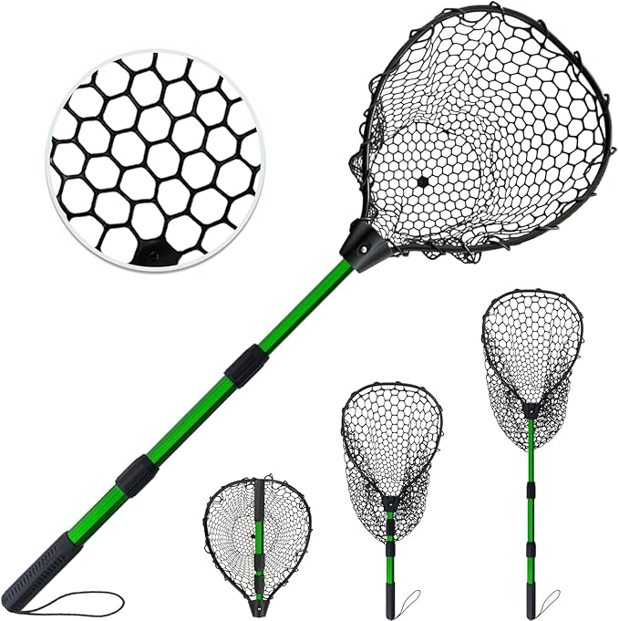 Telescoping Metal Lock Fishing Net with Handle Red Green 64" 52" 3-Section Rubber Fish Net - Adjustable Length Lightweight Foldable Large Big Collapsible Extendable Fishing Net
