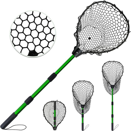 Telescoping Metal Lock Fishing Net with Handle Red Green 64" 52" 3-Section Rubber Fish Net - Adjustable Length Lightweight Foldable Large Big Collapsible Extendable Fishing Net
