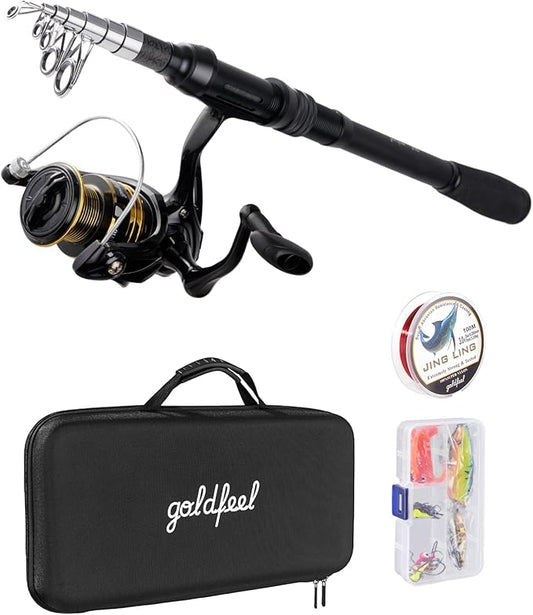 GOLDFEEL 6.9 Ft Carbon Fiber Fishing Rod and Reel Combo - Medium Power Fast Action Spinning Rod with Pre-Spooled Reel, Portable Travel Case for Saltwater Freshwater Fishing