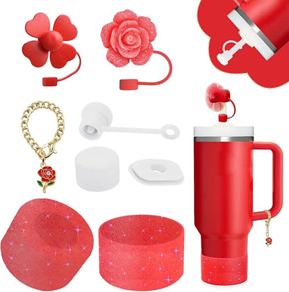 Stanley Cup Accessories Set,Including 2 Pcs 0.4in Straw Cover, 1 Silicone Spill-Proof Stopper Set of 3, 1 Cute Rose Handle Charm, 1 Silicone Boot Fits Stanley 40&30 Oz Tumbler (Chili)