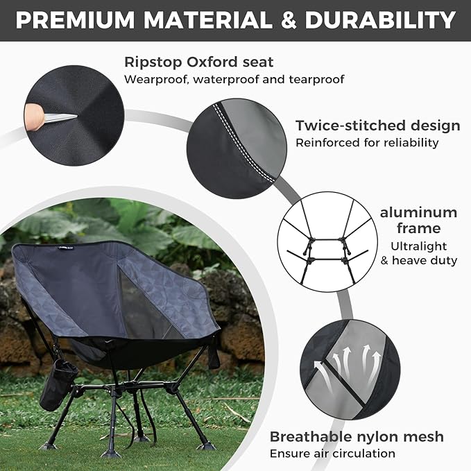 ATEPA UFO3.0 Backpacking Camping Chair, Ultralight Extra Wide Comfortable Folding Chairs 330lbs Heavy Duty Portable Hexagon Ergonomic Height Adjustable Seat with Anti-Sinking Feet for Hiking, Black