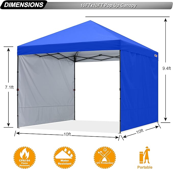 ABCCANOPY Easy Pop up Canopy Tent with 2 Sidewalls for Outdoor Sun Blocking or Rain Protection,10x10, Royal Blue