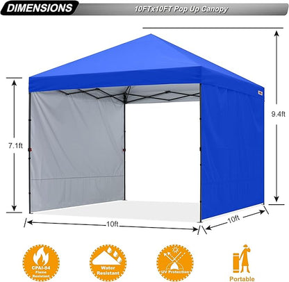 ABCCANOPY Easy Pop up Canopy Tent with 2 Sidewalls for Outdoor Sun Blocking or Rain Protection,10x10, Royal Blue