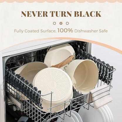 PRICUSIS Ceramic Pots and Pans Set with Detachable Handle, Non-toxic Nonstick 8pcs Cookware Set with Die-cast Lids, Dishwasher & Oven Safe, PTFE PFOA PFAS Free, Perfect for College Dorm, Cream White