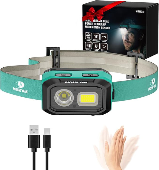 Mossy Oak 600 Lumens LED Headlamp, Dual Power Source, Motion Sensor Head Lamp with Magnetic Base, Stepless Dimming, Memory Mode for Camping, Running, Hiking