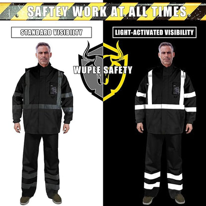 Hi-Vis Reflective Safety Rain Jacket and Pants for Men Women Waterproof Rain Gears with Inner Mesh Lining and pocket，Black 2XL/3XL