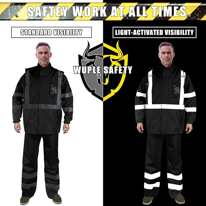 Hi-Vis Reflective Safety Rain Jacket and Pants for Men Women Waterproof Rain Gears with Inner Mesh Lining and pocket，Black L/XL