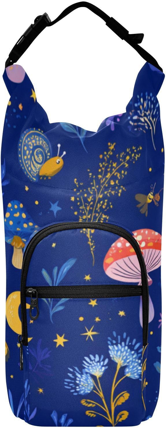 Mushroom Pattern Blue Water Bottle Holder with Strap Insulated Water Bottle Carrier Crossbody Bags Pouch with Phone Pocket for Travel Gym Hiking Walking Running