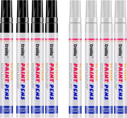 White & Black Paint Markers, 8 Pack Oil-Based Waterproof Quick Dry and Permanent Paint Pen Set for Rocks Painting, Wood, Plastic, Canvas, Glass, Mugs, Metal, Tire, Stone, DIY Craft