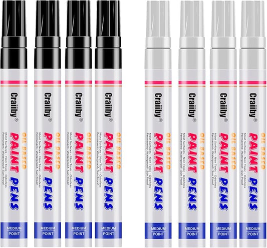 White & Black Paint Markers, 8 Pack Oil-Based Waterproof Quick Dry and Permanent Paint Pen Set for Rocks Painting, Wood, Plastic, Canvas, Glass, Mugs, Metal, Tire, Stone, DIY Craft