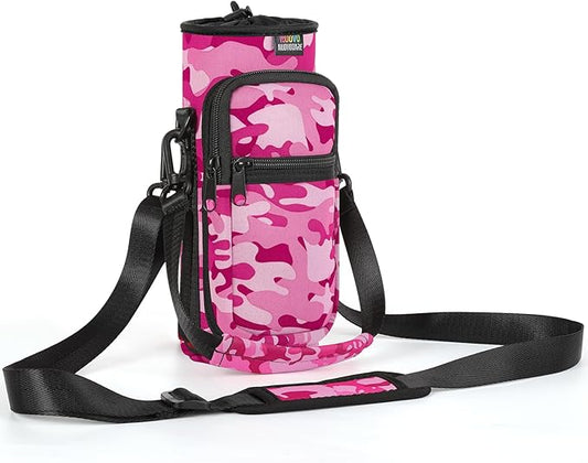 Nuovoware Water Bottle Carrier Bag,25oz/40oz/64oz Bottle Pouch Holder,Adjustable Shoulder Hand Strap 2 Pocket Sling Neoprene Sleeve Sports Accessories for Hiking Travelling Camping