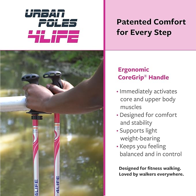 Urban Poling 4LIFE Urban Poles – 1 Pair – Fitness Edition – Patented Ergonomic CoreGrip™ for Stability – Adjustable, Collapsible, Lightweight for Comfort