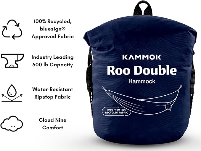 KAMMOK: Roo Double Hammock | Made from Strong & 100% Recycled Water Resistant Ripstop Fabric | Comfortable, Packable, Lightweight (Lifetime Adventure Grade Warranty), Midnight Blue