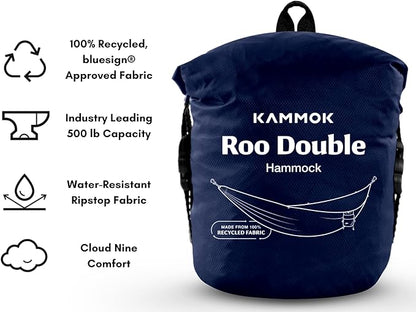 KAMMOK: Roo Double Hammock | Made from Strong & 100% Recycled Water Resistant Ripstop Fabric | Comfortable, Packable, Lightweight (Lifetime Adventure Grade Warranty), Midnight Blue