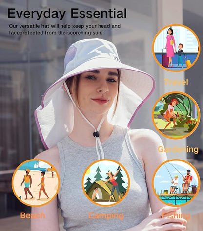 UV Sun Protection Hat Women Foldable Neck Flap Wide Brim Fishing Hat with Ponytail Hole for Women